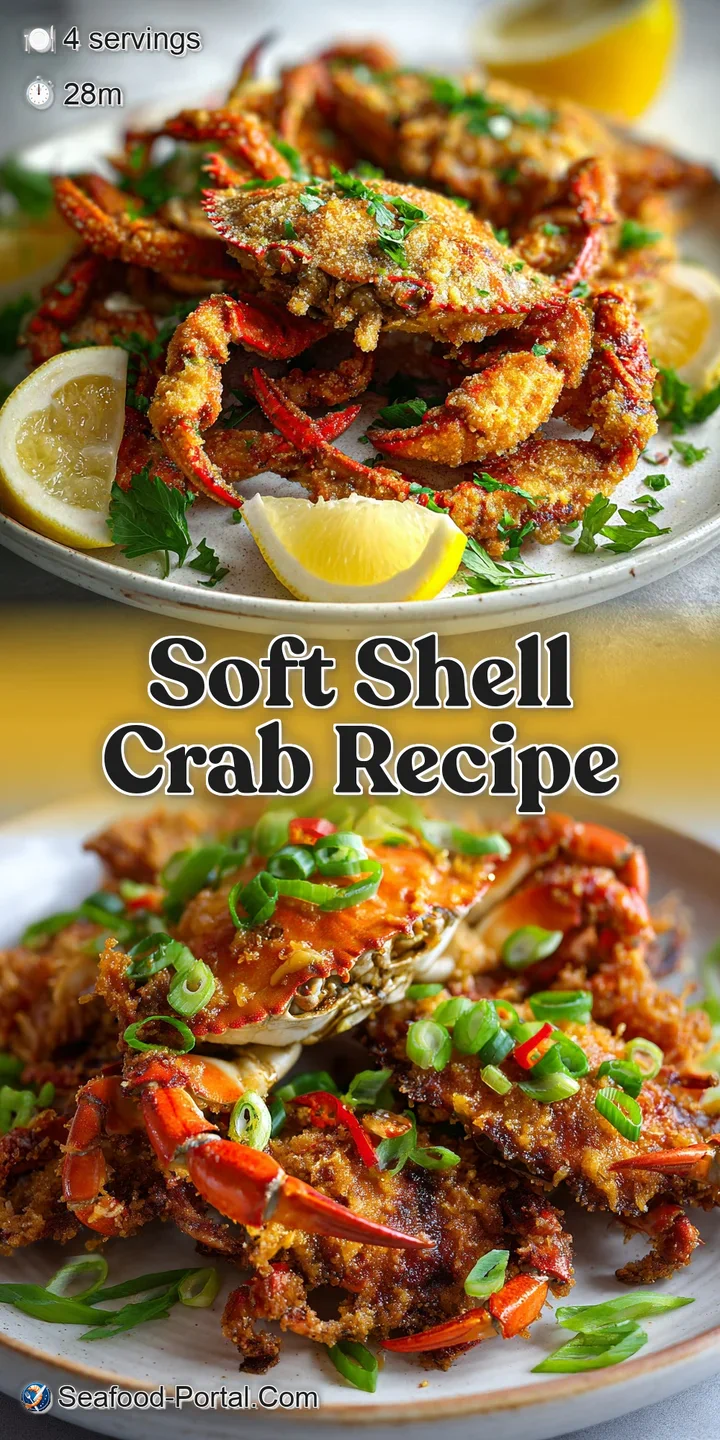 Close-up shot showcasing the crispy texture of a golden soft shell crab, glistening with oil, and flecked with herbs.