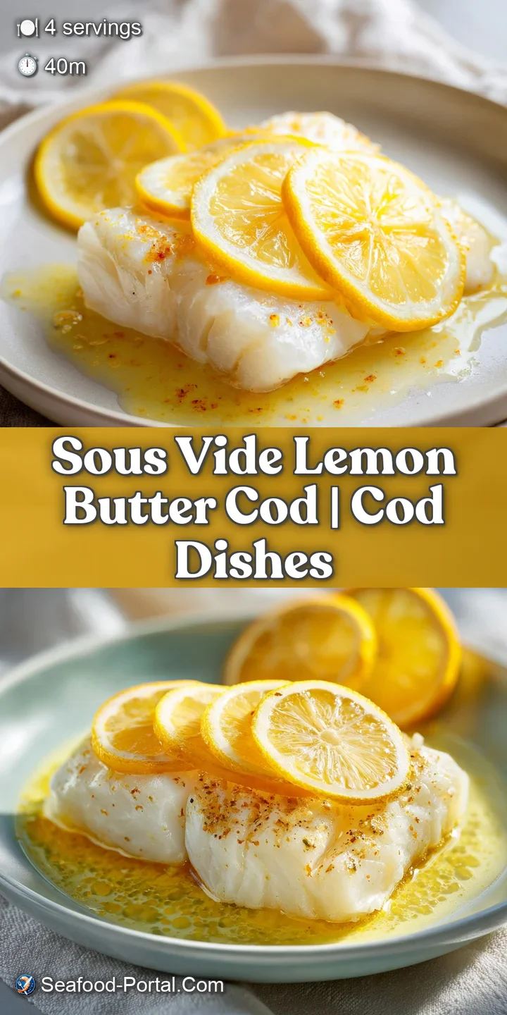 Macro shot of succulent white fish flakes glistening under a rich, golden lemon butter glaze with fresh herbs.