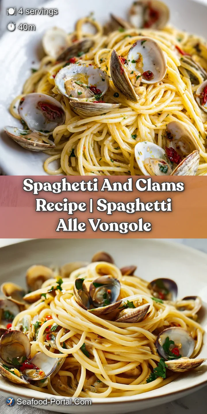 Close-up of glistening pasta strands entwined with tender clams, golden garlic bits, and vibrant green herbs.