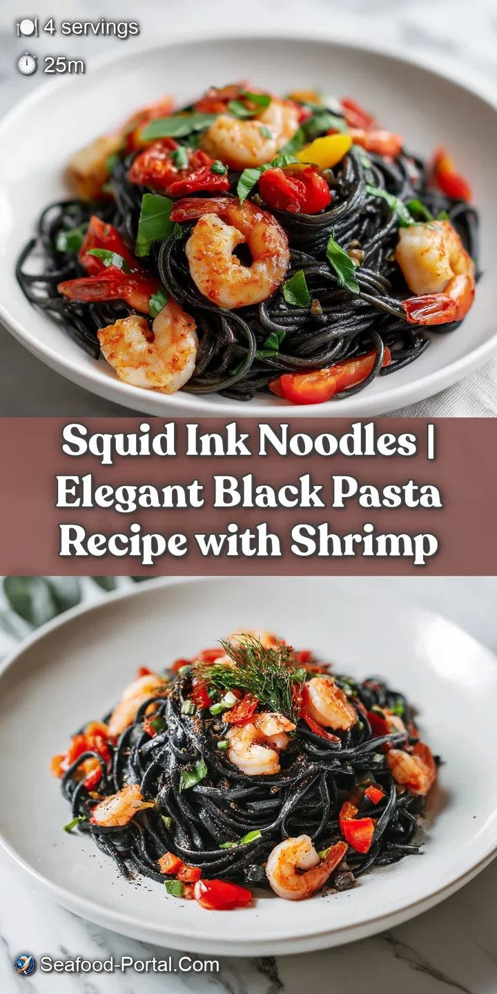 Close-up of glossy squid ink pasta and perfectly seared shrimp, showcasing their textures.