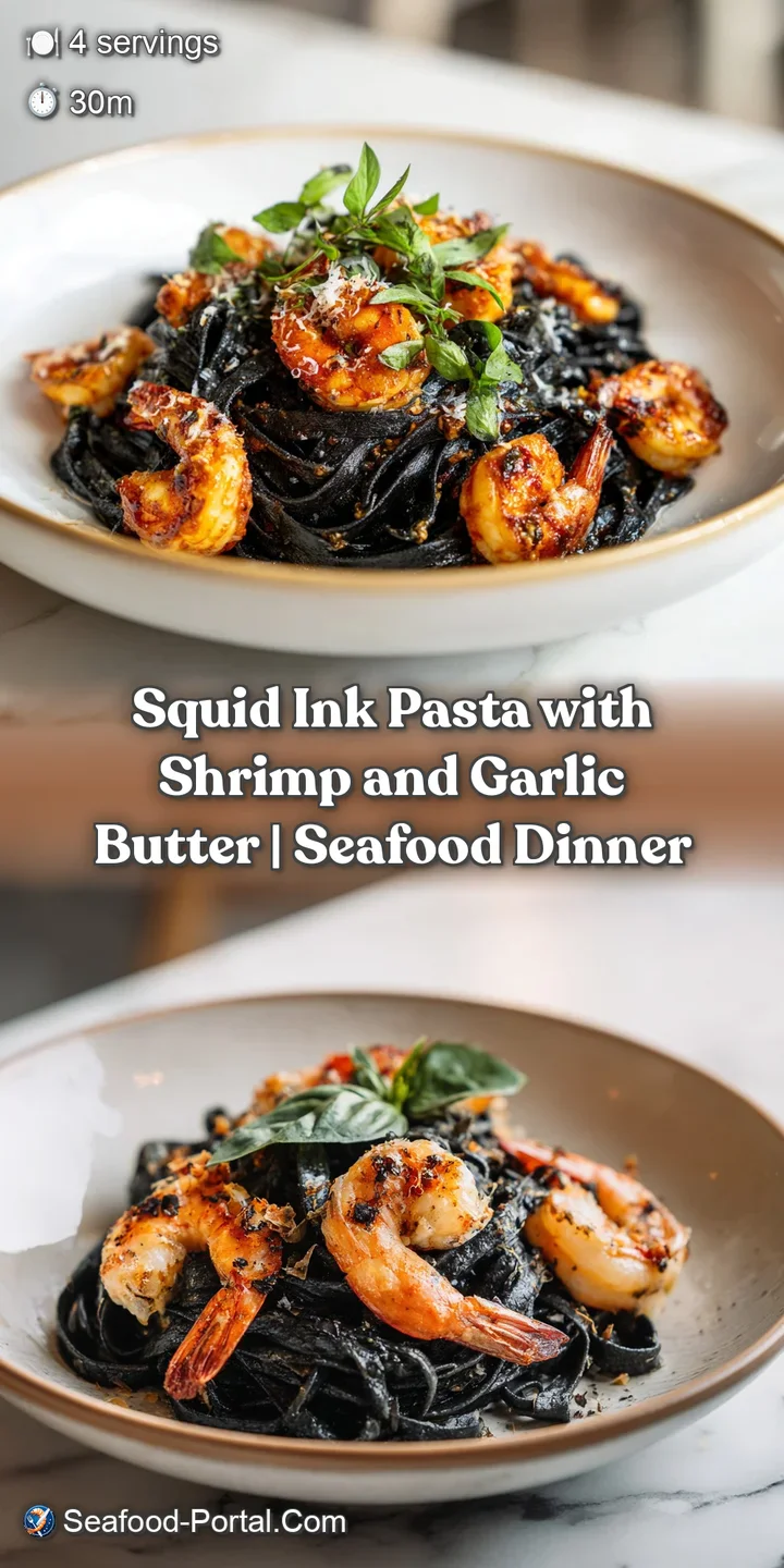 Close-up of tender shrimp nestled in rich, dark squid ink linguine glistening with fragrant garlic butter.