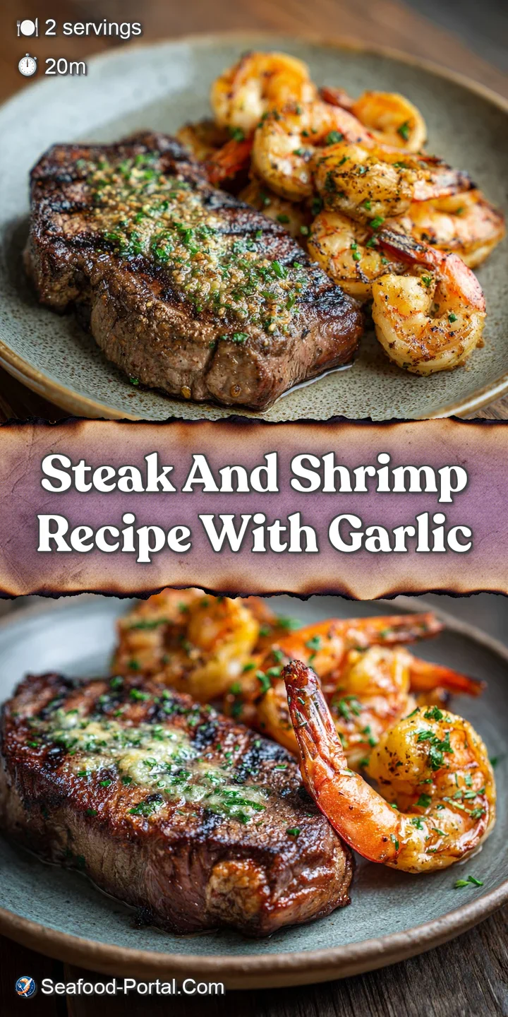 Close-up capturing the browned crust of the steak and the pink plumpness of the shrimp, glistening in a rich, savory garli...