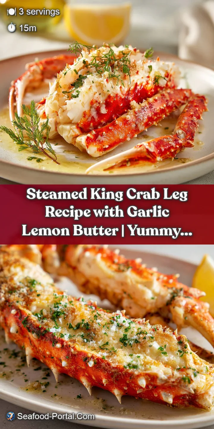 Close-up shot of glistening king crab meat dripping in garlic lemon butter, highlighting the tender texture and vibrant co...