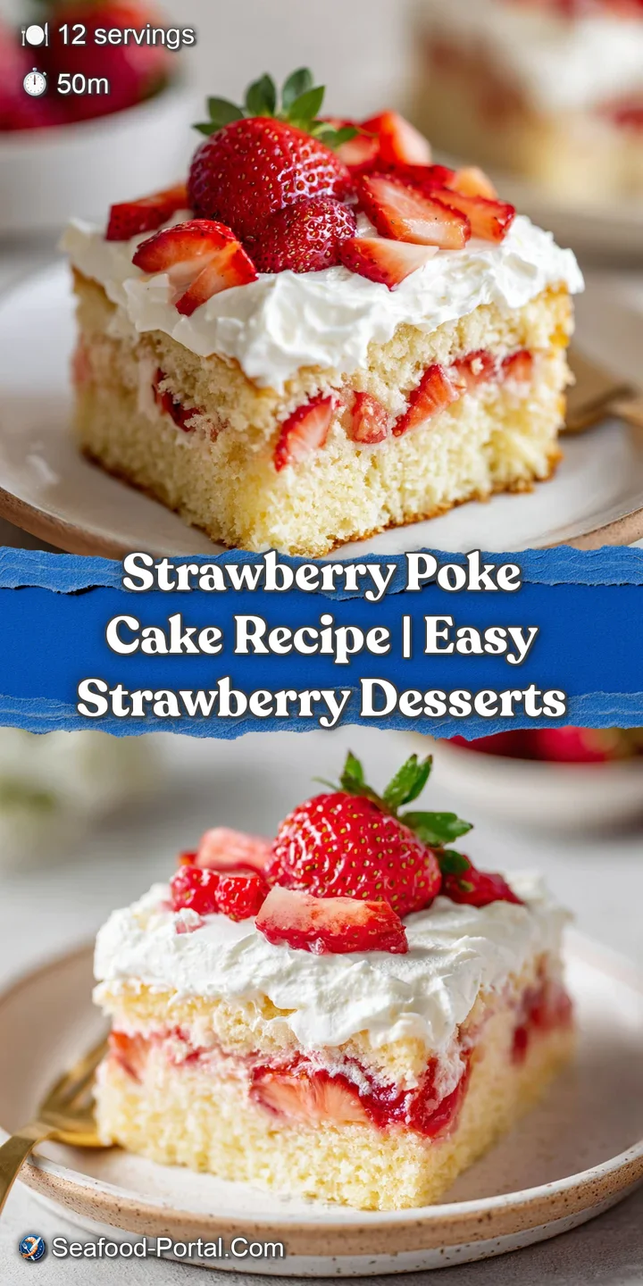 Close-up of a strawberry poke cake highlighting moist cake texture, creamy frosting, and glistening fresh strawberry topping.