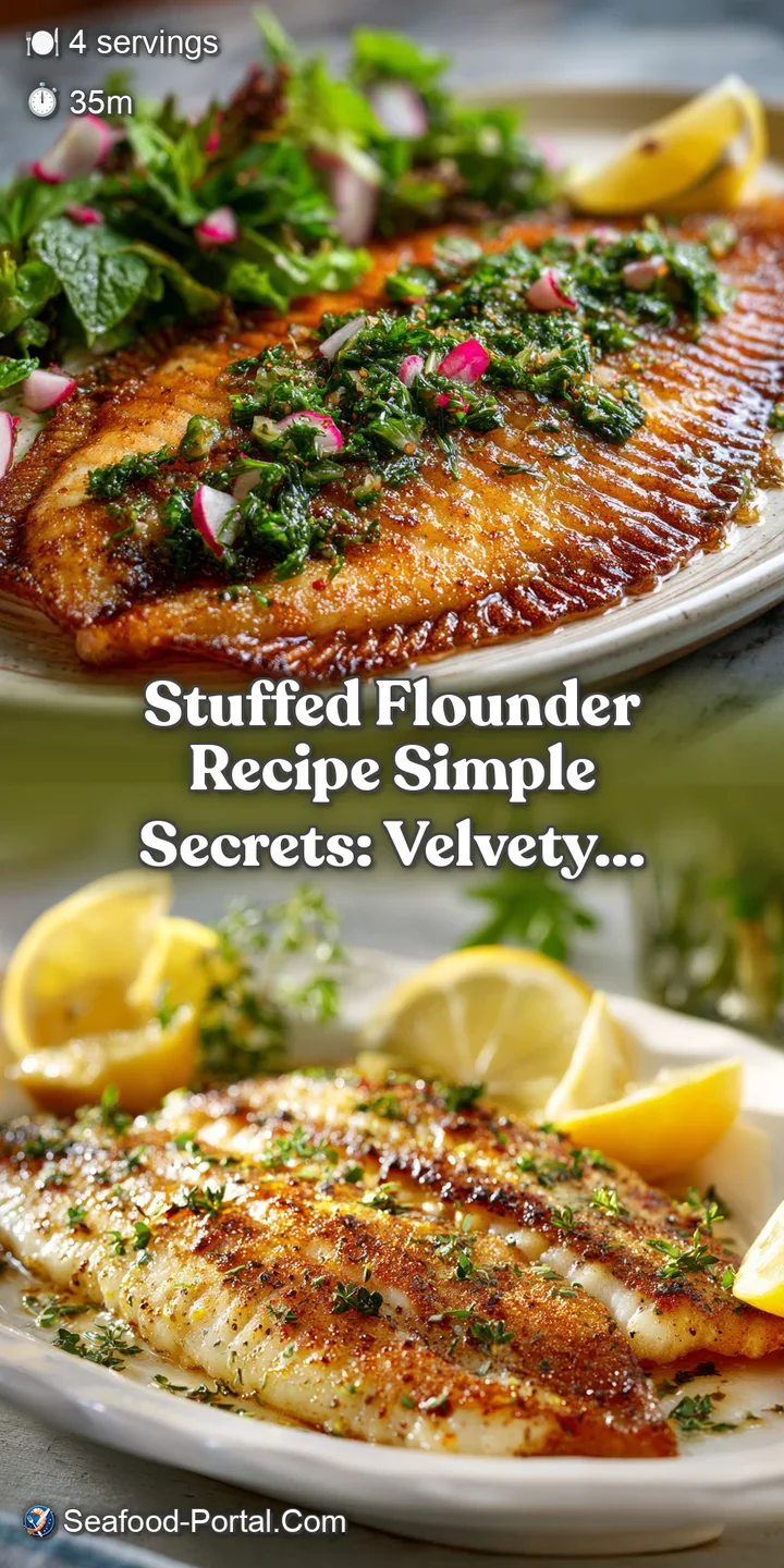 Close-up of stuffed flounder: flaky, moist filling with herbs and breadcrumbs. Hints of golden-brown crust, fresh herbs.