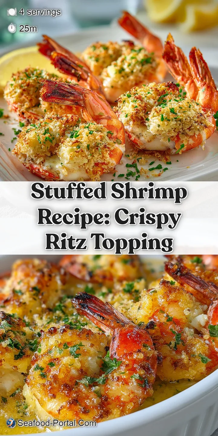 Close-up of a delicious stuffed shrimp; buttery, golden brown Ritz cracker topping with visible herbs, moist shrimp peekin...