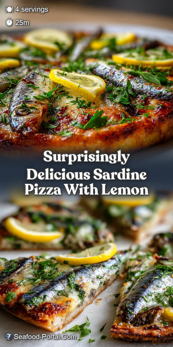 Close-up of sardine pizza featuring the shimmering fish, vibrant lemon, and fresh herbs on a crispy, golden crust.