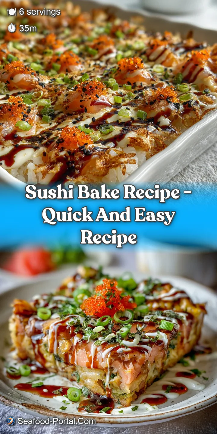 Close-up of creamy, glistening sushi bake with visible layers of rice, filling, and a crispy, slightly browned top. Inviti...