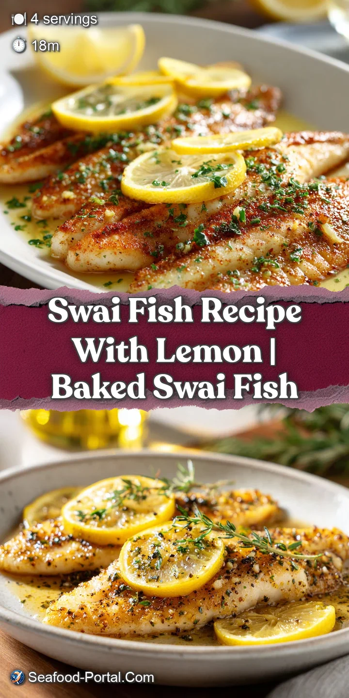 Close-up of moist, tender swai fish, its delicate texture enhanced by a glossy lemon glaze and fresh herb garnish.