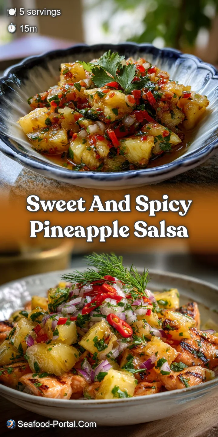 Close-up view of juicy pineapple salsa. Visible are chunks of golden pineapple, flecks of red pepper and green cilantro.