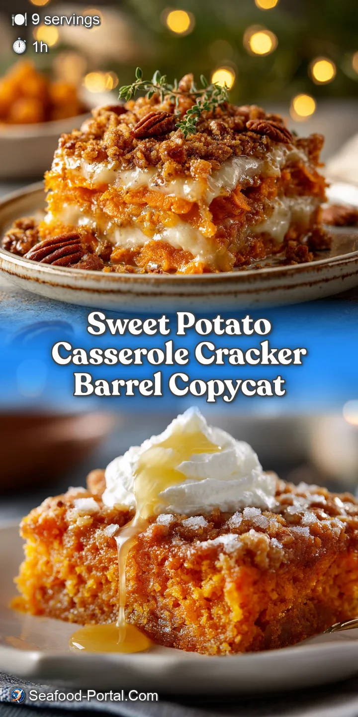 Close-up of sweet potato casserole; the sugary pecan crust is bubbly and rich, while the potato is soft and inviting.