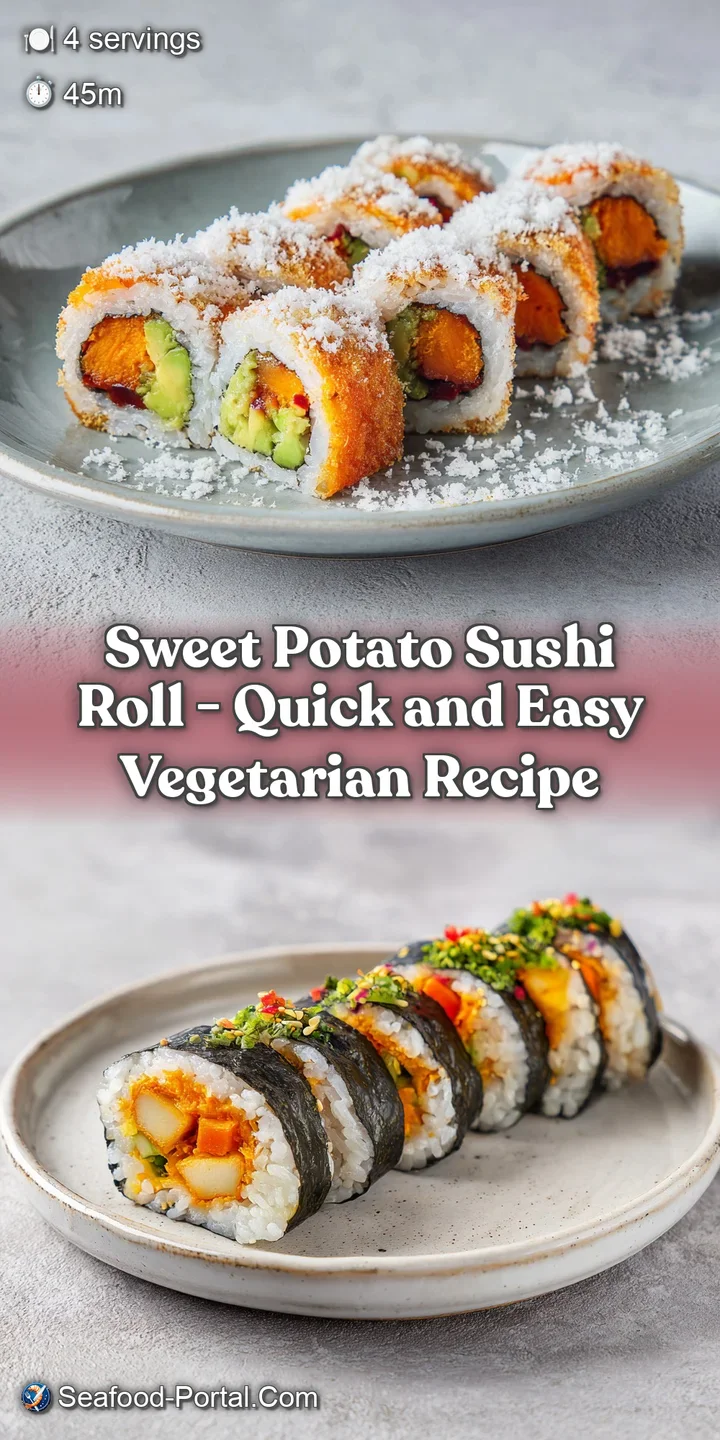 A close-up reveals the layered textures of a sweet potato sushi roll: chewy nori, fluffy rice, and tender, slightly carame...