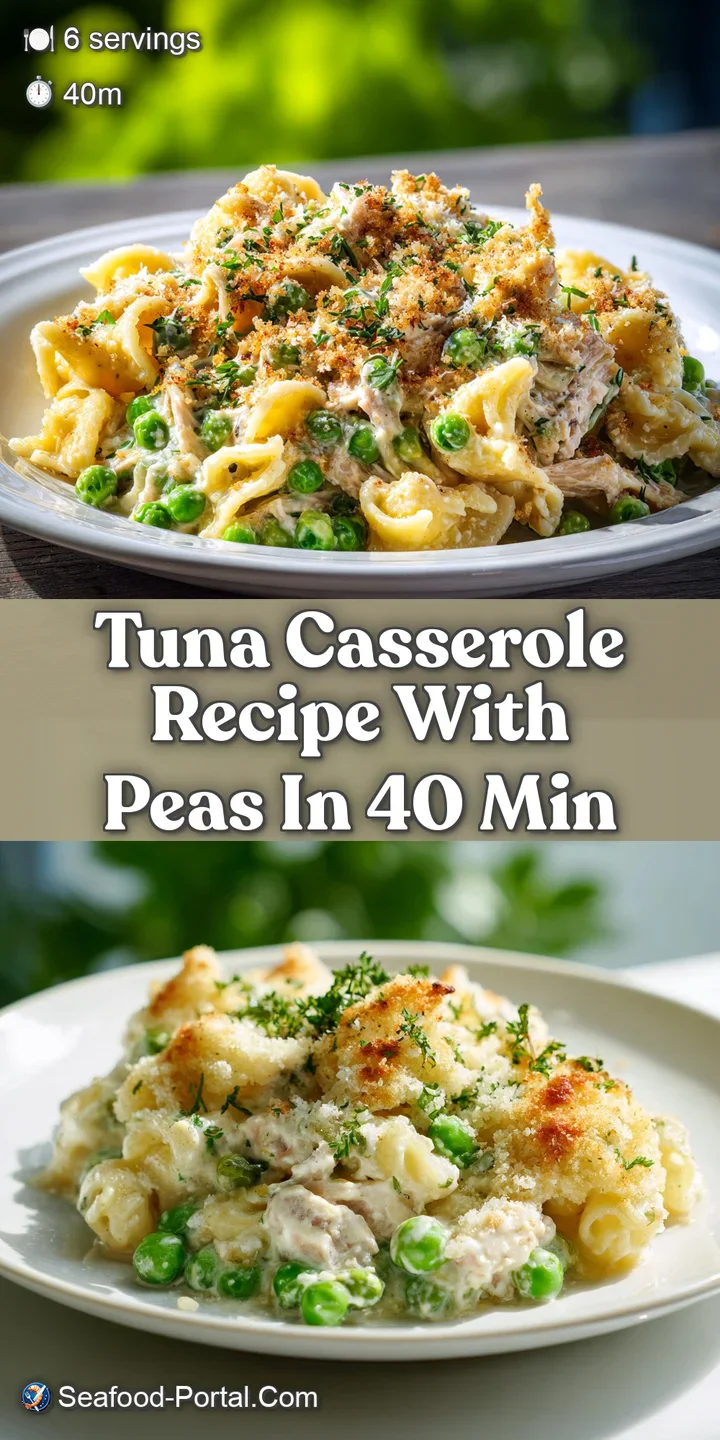 Close-up of creamy tuna casserole; peas, tuna, and a perfectly browned crust create a tempting texture and a savory, comfo...