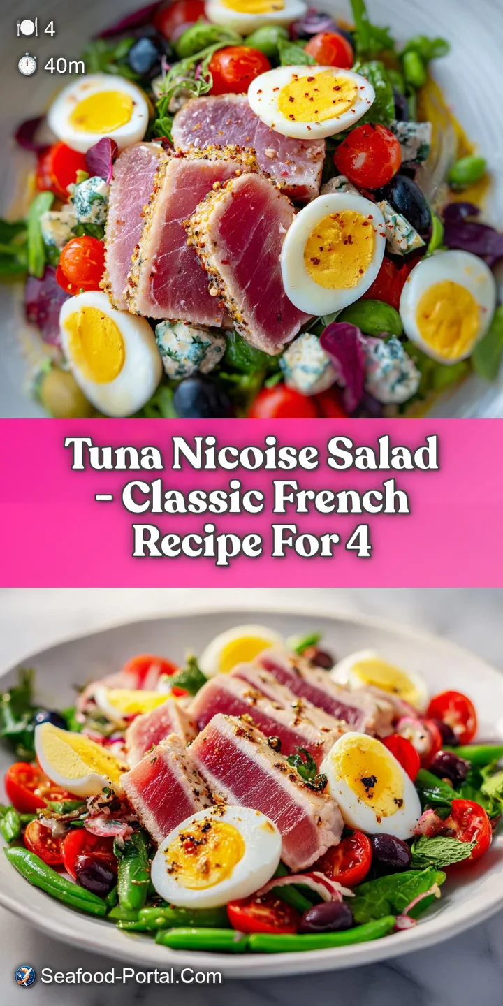 Close-up of a Tuna Nicoise salad revealing the flaky texture of the tuna, the smoothness of the boiled egg, and the glossy...
