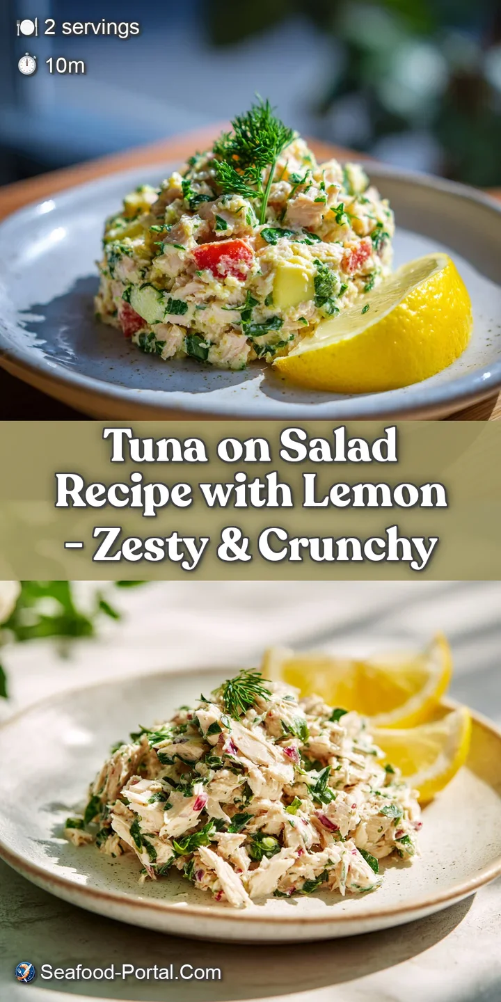 Close-up captures the textures: tender tuna flakes, crisp lettuce, and juicy lemon. Creamy dressing clings to the fresh, v...