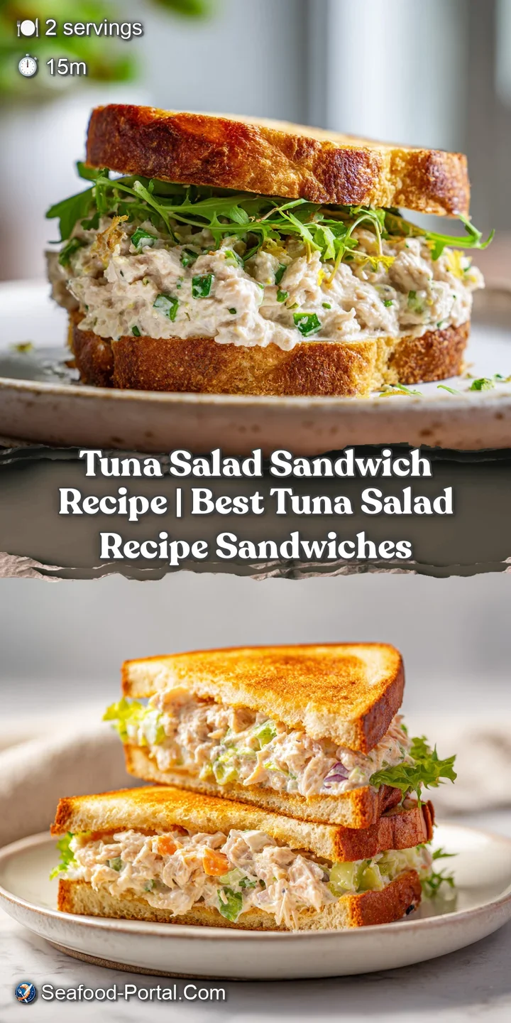 A close-up of flaky tuna salad nestled between two lightly browned, toasted bread halves with fresh greens.