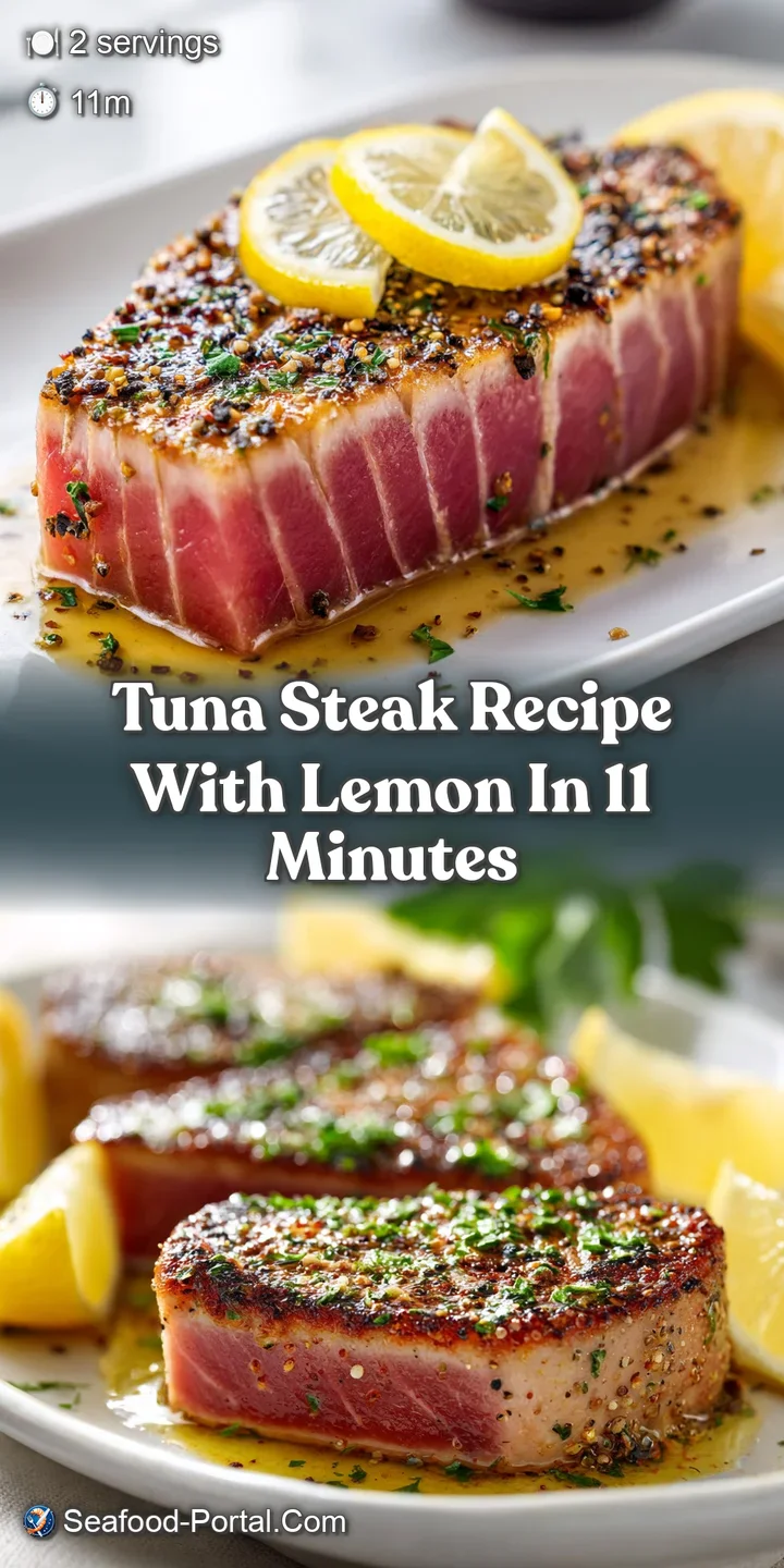 Close-up shows moist, flaky tuna steak glistening with oil and flecks of herbs, seared golden brown around the edges.