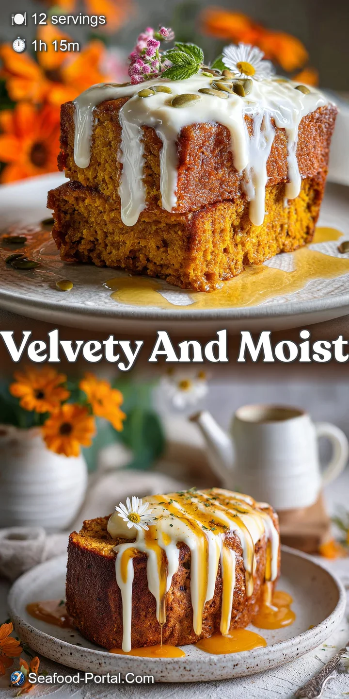 Close-up of pumpkin bread showing rich, orange crumb, swirls of vanilla pudding, and appealingly soft, moist texture. Invi...