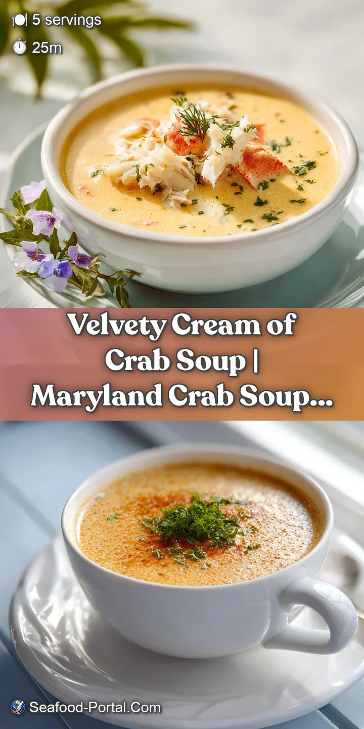 Close-up shot of luscious cream of crab soup; a velvety texture punctuated with flecks of vibrant red pepper and fresh herbs.