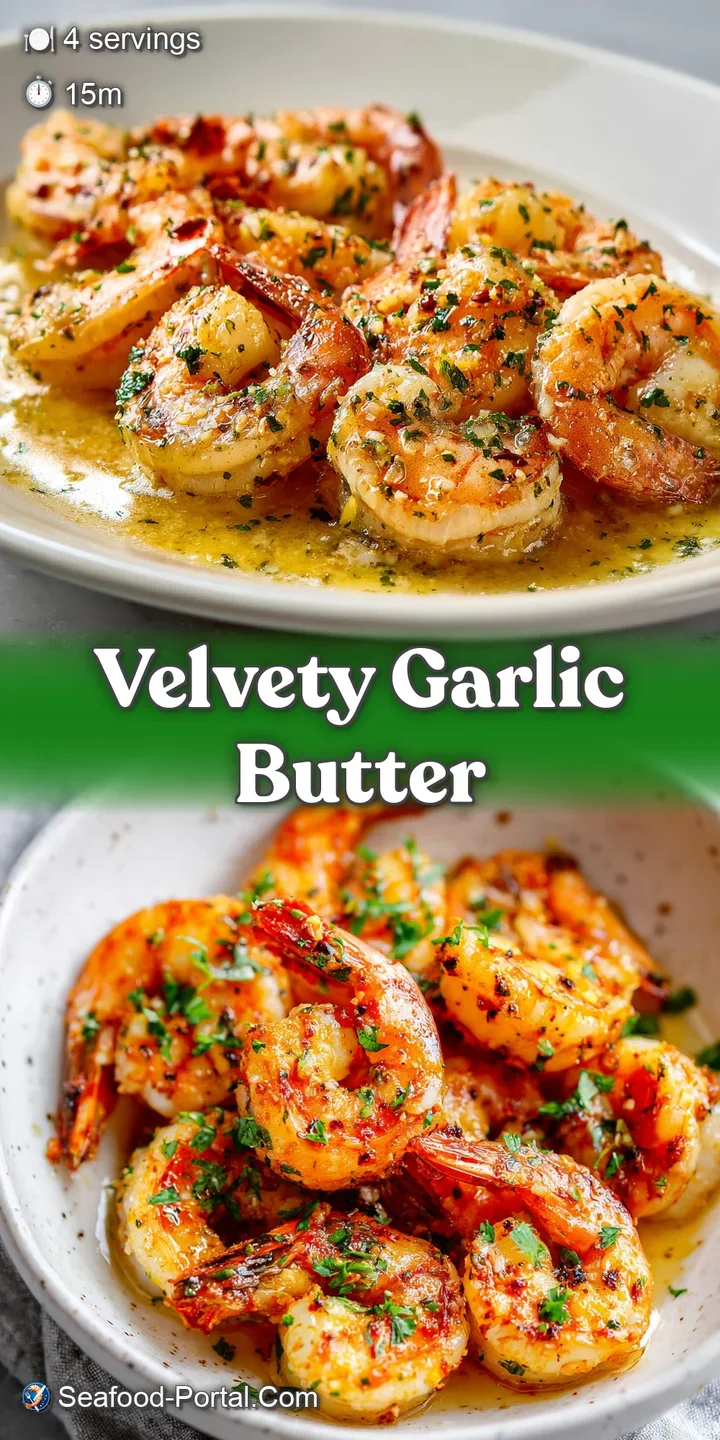 Close-up of plump, juicy shrimp swimming in a rich, golden garlic butter sauce, speckled with red pepper flakes and herbs.