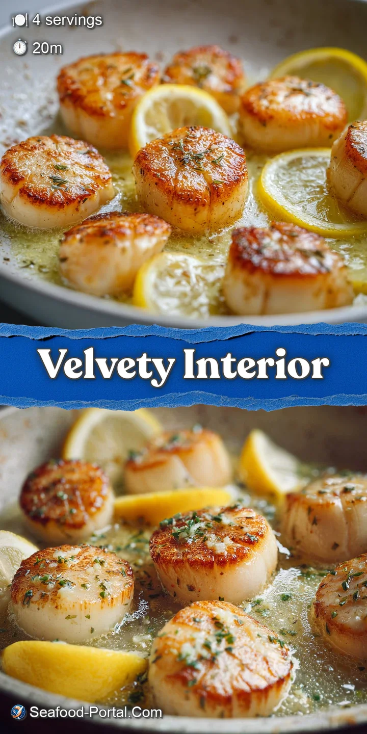 Succulent scallops seared to golden perfection, swimming in a luscious lemon-butter sauce. A mouthwatering close-up showca...