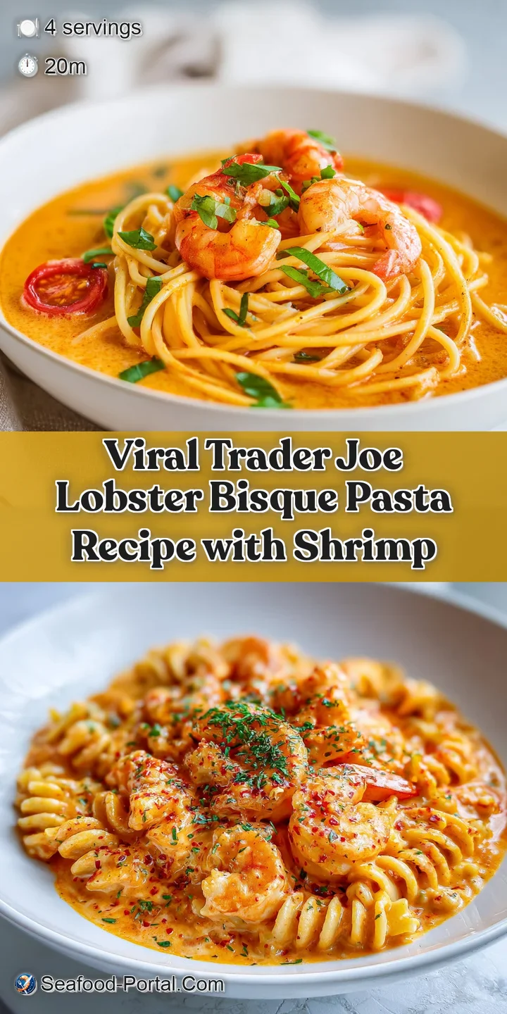 Close-up of rich, coral-colored lobster bisque pasta. Tender lobster pieces glisten. Fresh herbs add vibrant pops of green...