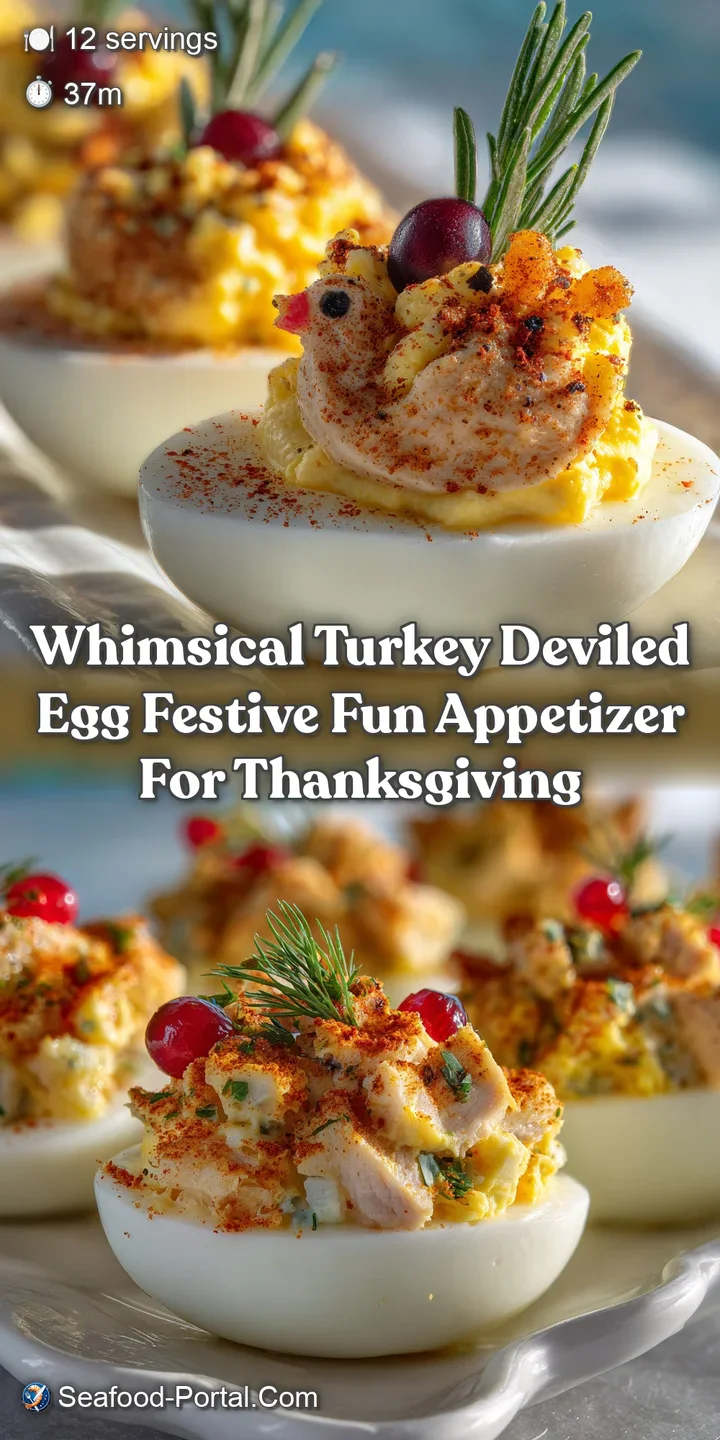 Close-up of a turkey deviled egg, fluffy egg white, creamy yolk filling. The warm, inviting colors and textures promise a ...