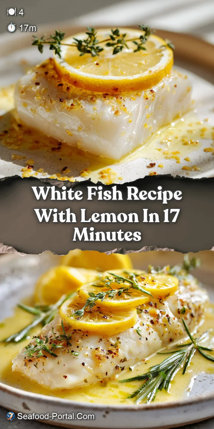Close-up capturing the delicate, moist texture of white fish bathed in a tangy lemon sauce, speckled with fresh, aromatic ...
