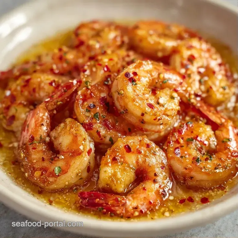 Plump pink shrimp nestled in a garlic butter glaze, served with a fresh lemon wedge on a clean white ceramic plate.