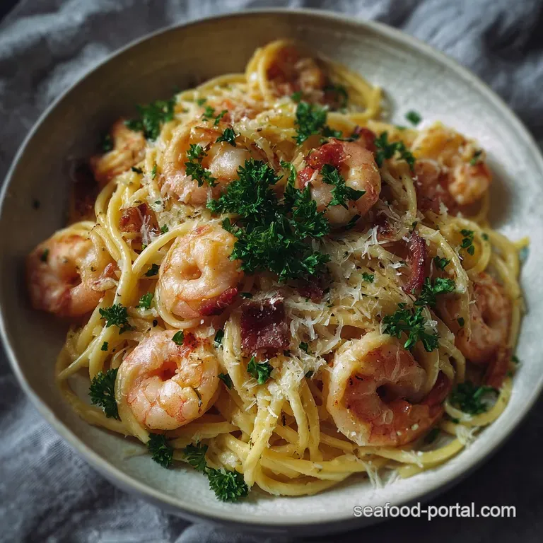 Elegant plate of carbonara with perfectly cooked shrimp. Swirls of pasta, rich sauce, and a sprinkle of black pepper. A fi...