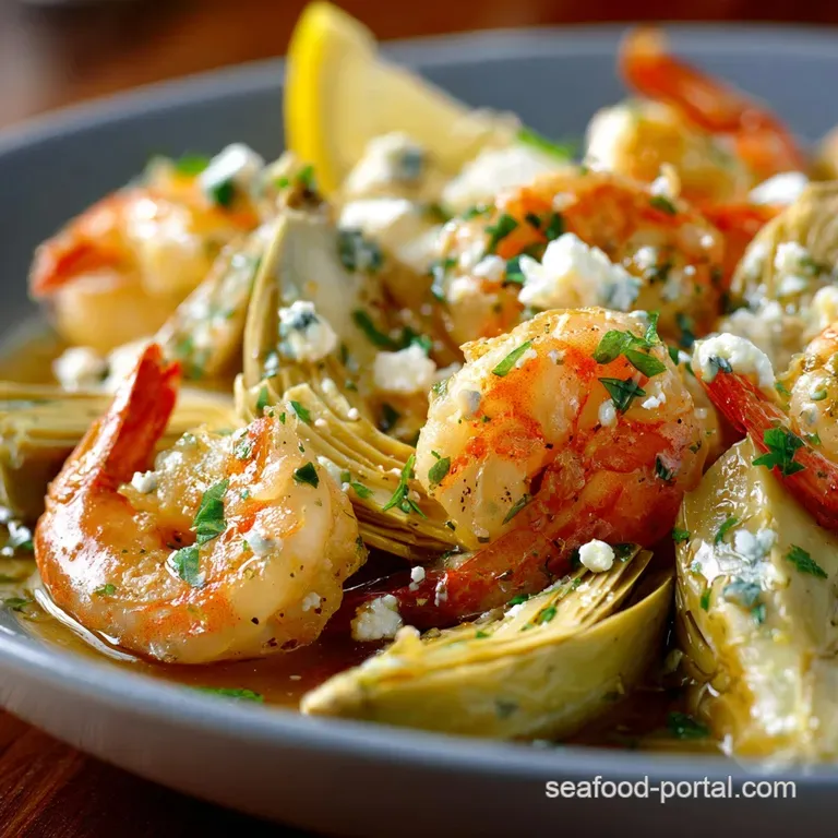 Sunny Day Shrimp and Artichoke Saut&eacute; with Lemon White Wine and Feta presentation