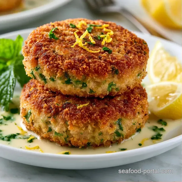 Three seared golden patties stacked elegantly with vibrant microgreens and thin lemon slices on a dark slate platter.
