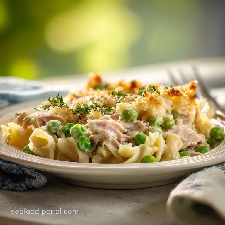 A generous scoop of warm tuna casserole with visible tuna flakes and tender peas, steaming gently in a white bowl.