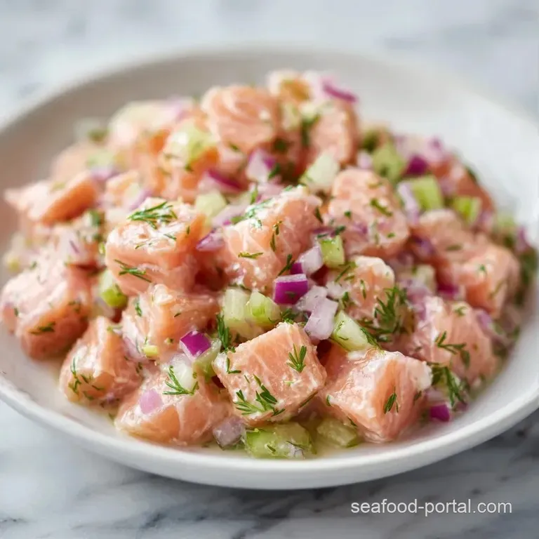 Bright pink salmon chunks arranged on a bed of vivid greens with sliced radishes on a white ceramic plate.