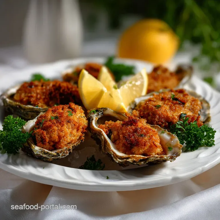 Crisp air-fried oysters artfully arranged on a white plate, garnished with lemon wedges and fresh parsley, looking delicious.