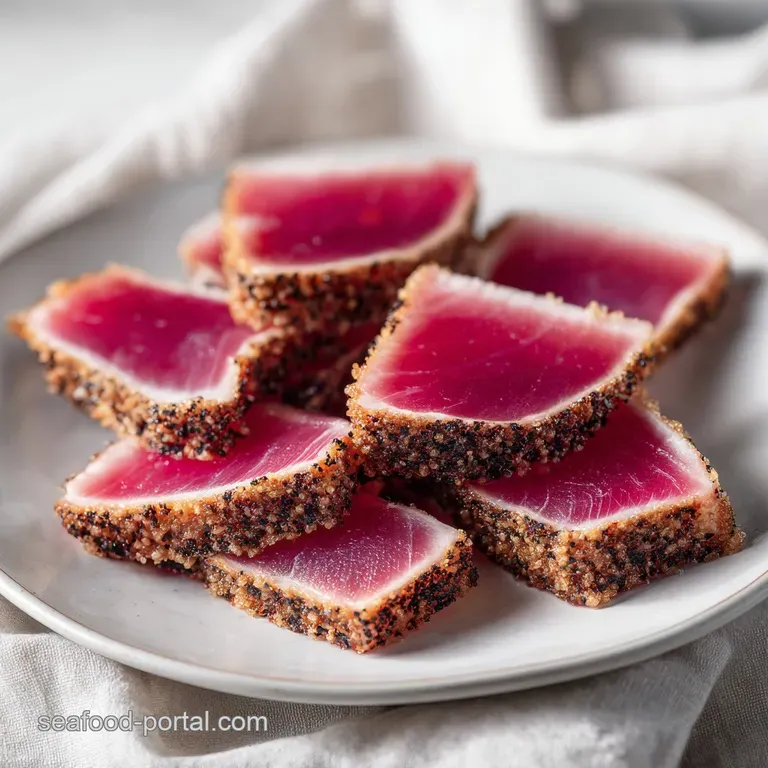 Perfectly seared tuna slices arranged in a row, paired with a side of crisp greens and a drizzle of soy glaze.