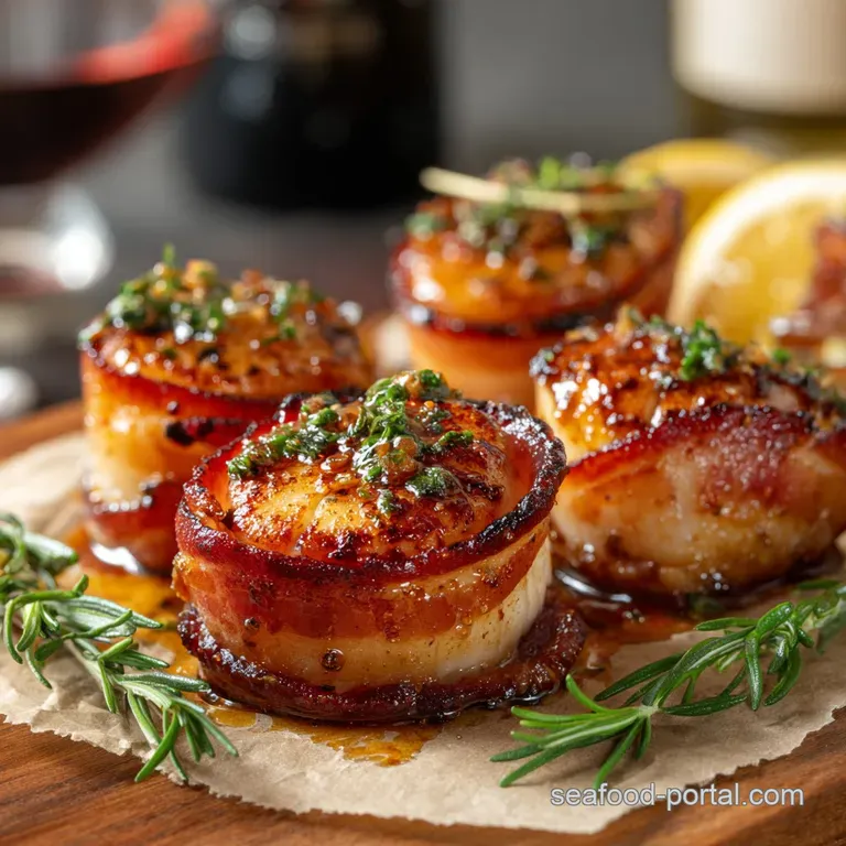 Air Fryer Bacon Wrapped Scallops with Maple-Balsamic Glaze presentation