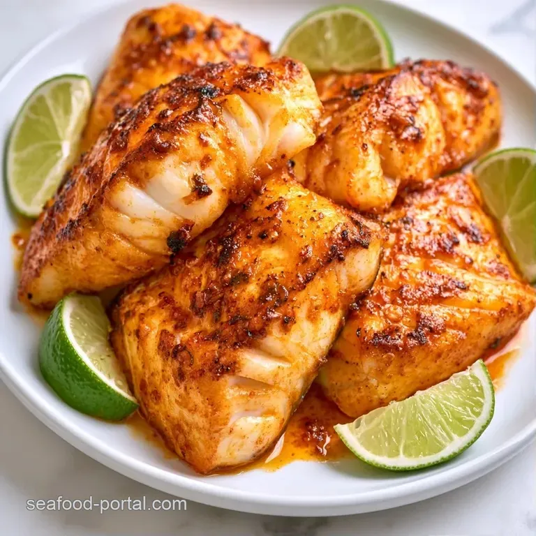 Perfectly seared white fish fillets with red pepper flakes and fresh lime slices on a modern matte grey plate.