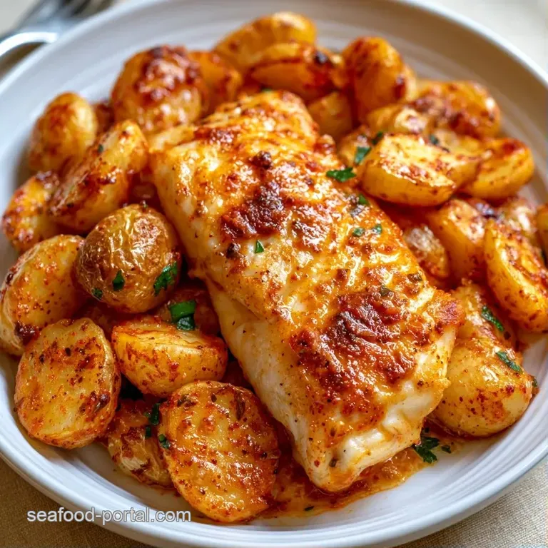A golden-brown fish fillet beside roasted potato cubes, garnished with fresh herbs on a modern ceramic plate.