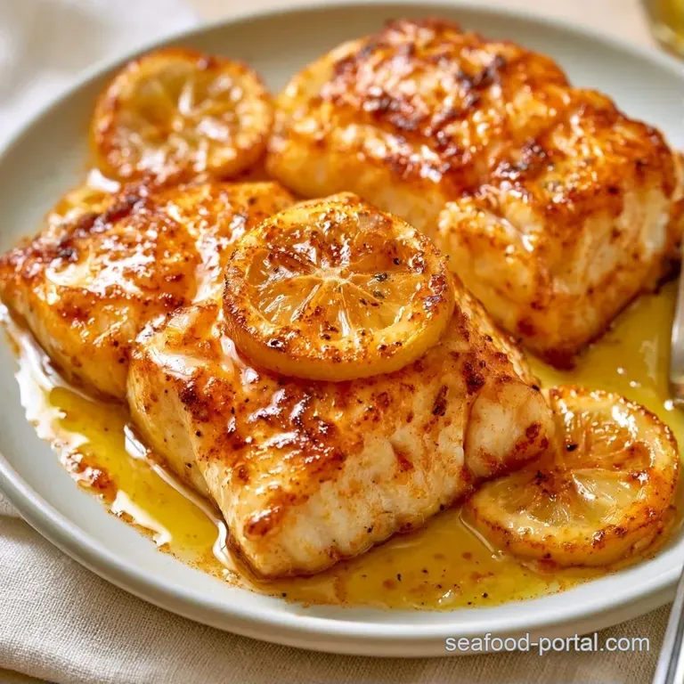 Flaky white fish fillets plated with melted lemon butter, fresh parsley, and bright yellow lemon slices on white porcelain.