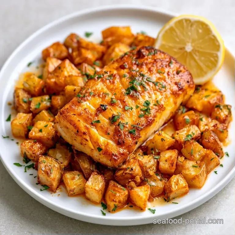 Seared white fish fillets perched atop roasted golden potatoes, accented by bright lemon wheels and fresh herbs.