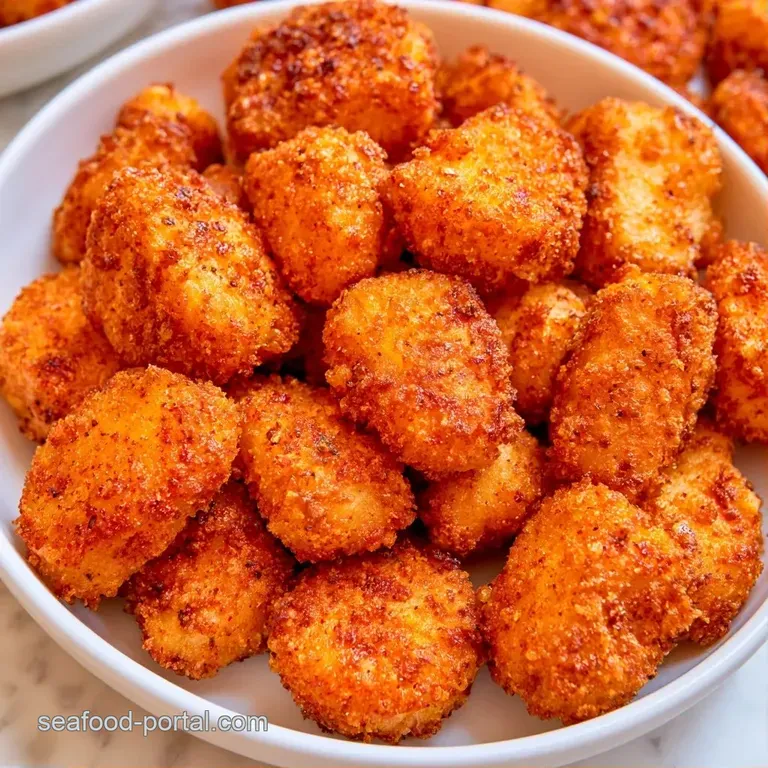 Crispy golden fish bites arranged on a white ceramic plate with a side of creamy tartar sauce and fresh parsley.