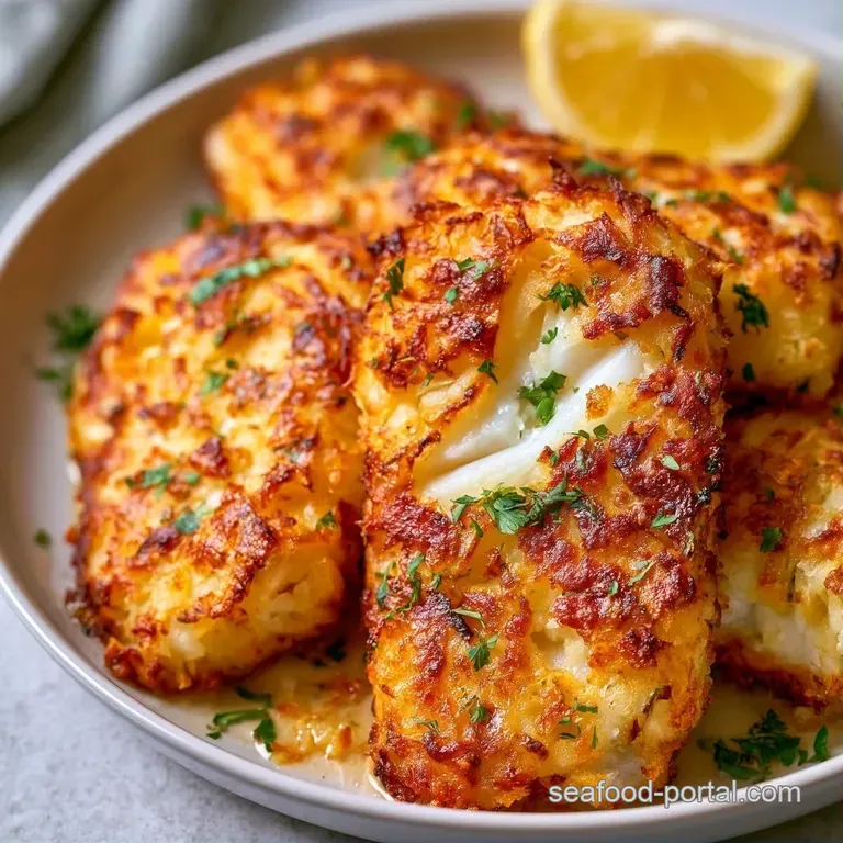 Perfectly browned potato-topped fish fillet plated with a drizzle of lemon butter and a sprinkle of fresh parsley.