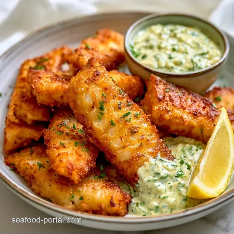 Flaky white fish fillets on a slate platter paired with creamy orange-tinted sauce and fresh herb sprigs.