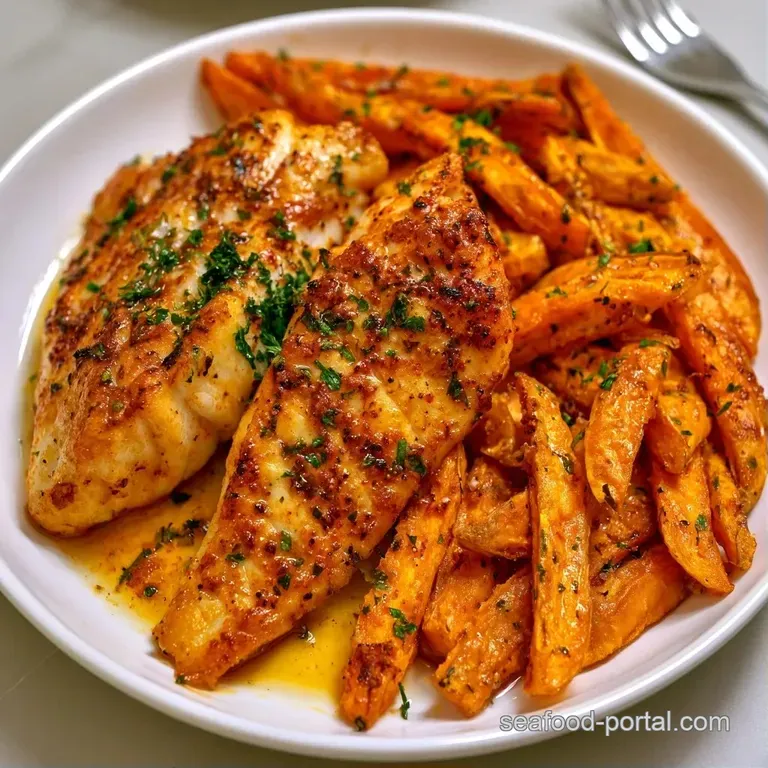 Flaky white fish fillets topped with parsley, paired with a heap of orange root vegetable chips on a rustic board.