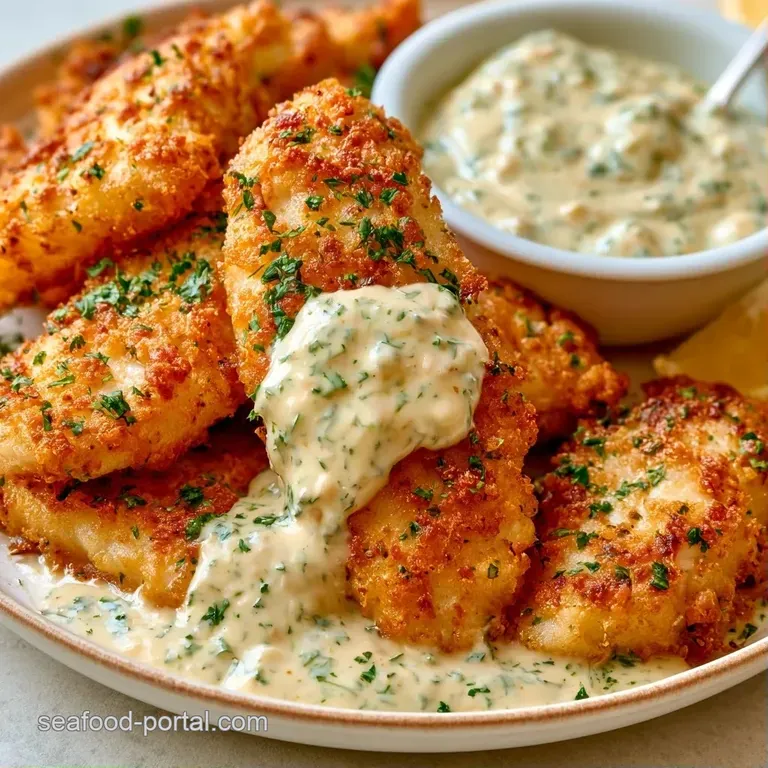 Flaky white fish fillets on a white plate with a side of tangy cream sauce, lemon slices, and a sprinkle of parsley.