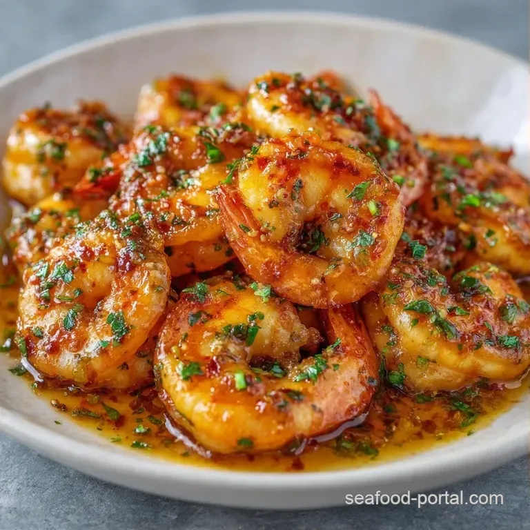 Plump, pink shrimp arranged on a ceramic platter with lemon wedges and scattered herbs under warm, soft lighting.