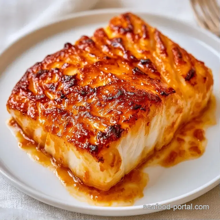 Caramelized white fish fillet topped with toasted sesame seeds and sliced scallions on a minimalist plate.