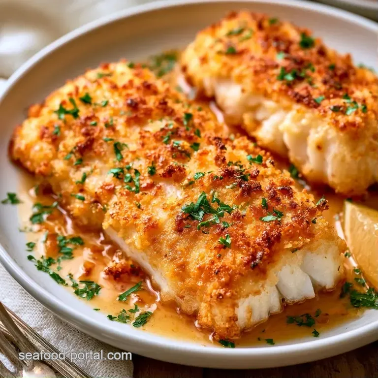 Crispy breaded fish fillets served on a ceramic plate with a fresh lemon slice and a sprig of green parsley.
