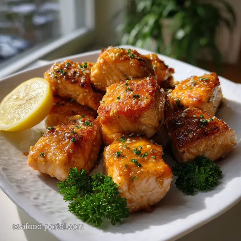 Flaky, golden-brown salmon bites with a crispy exterior, artfully arranged on a white plate, garnished with fresh herbs.